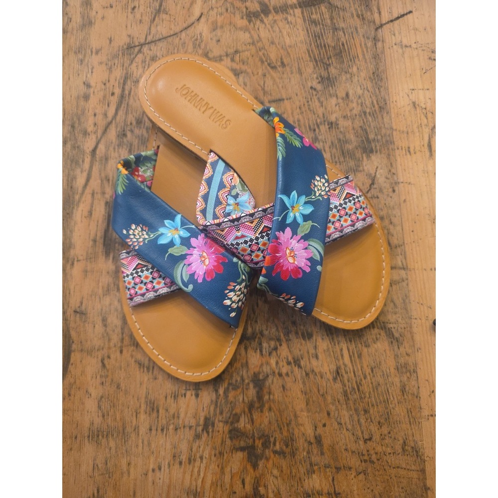 NWOT Johnny Was Women's‎ 7 Sonoma Boho Floral Cross Strap Leather Slip-on Sandal - Picture 2 of 7
